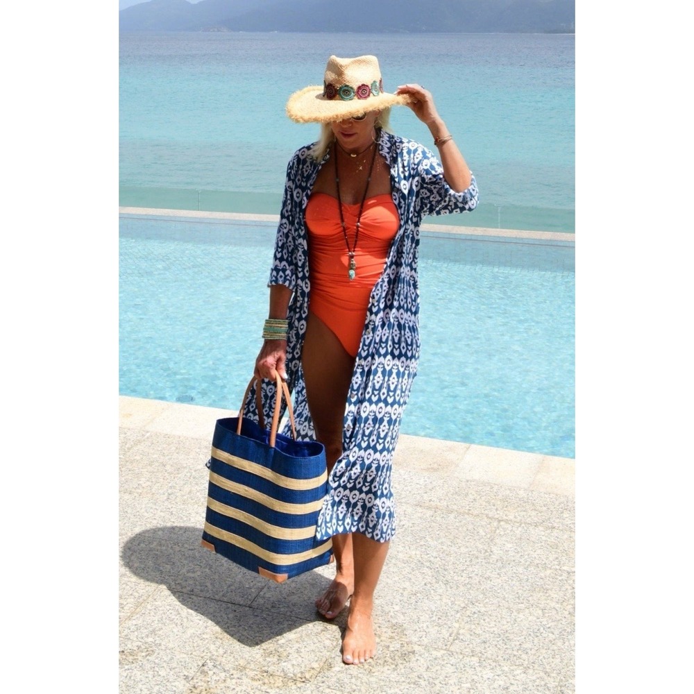 Walker & Wade Mandarin Duster/Maxi Dress L Indigo Ikat‎ Beachy Vacation Cover Up